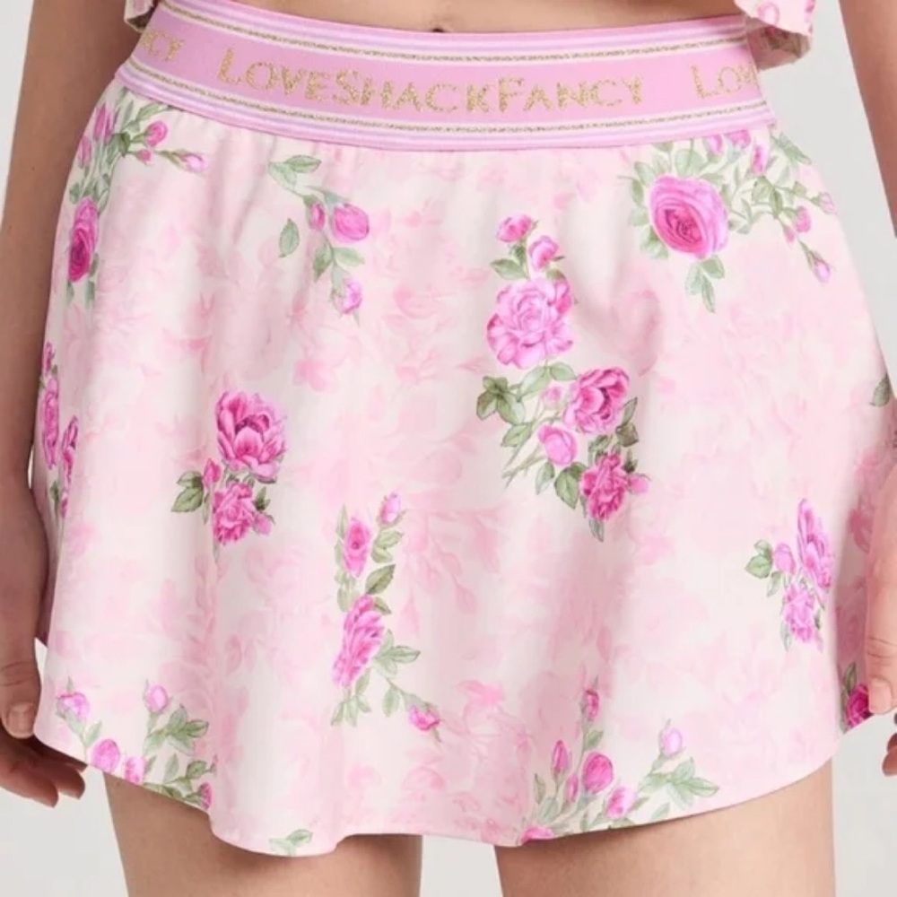 LoveShackFancy Pink Floral Elastic-Waist Skirt
